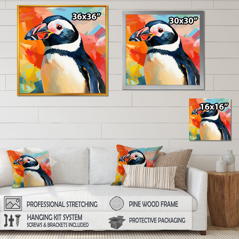 Pop Art Penguin Parade Charm I - art mural pingouin, Cadre flottant blanc, H 16 po x l 16 po x P 1 po