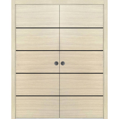 Portes coulissantes doubles modernes Planum 0015, ensemble de garnitures et de quincaillerie en placage naturel, bois massif, pour chambre à coucher, placard, porte robuste 56 po x 84 po (2 x 28 x 84 po)