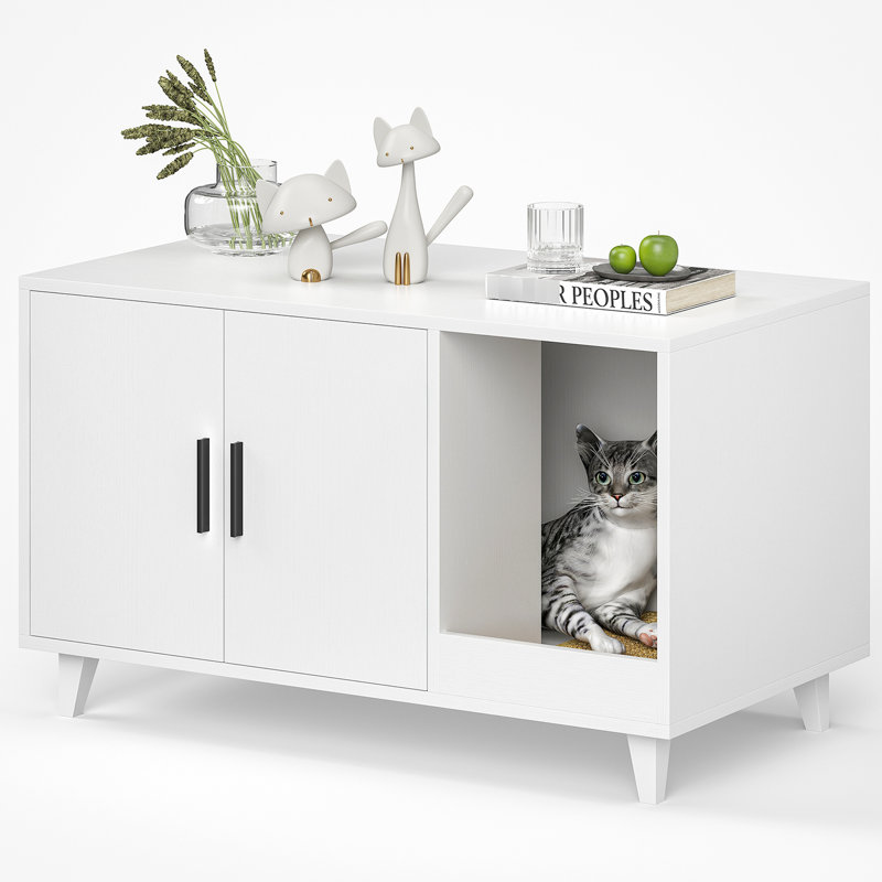 Litière cachée multifonctionnelle pour chat, fabrication de panneau de particules blanc, L 33,5 po x P 18,5 po, compartiment intérieur pour les boîtes, boîte Scratch, robuste et à assemblage rapide avec bloc-notes, principale