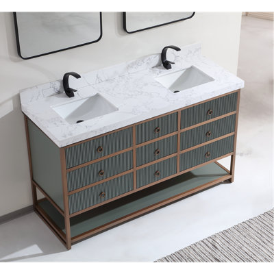 72" Double Vanity With Golden Brush Stainless Steel Frame And Tricorn Black Finish With 2' Thick Natual Stone Top