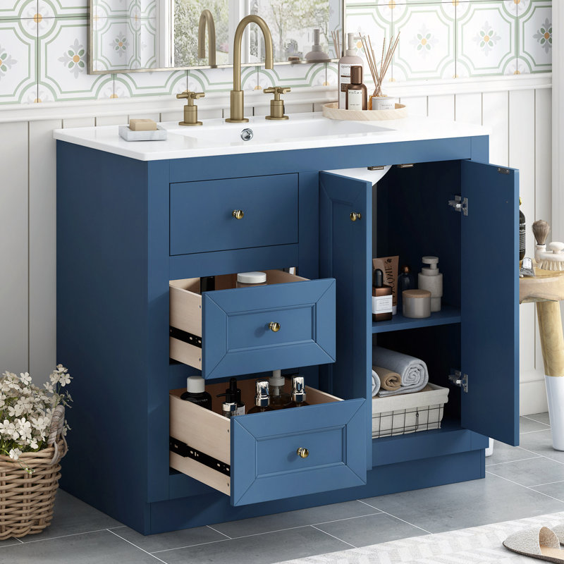Meuble-lavabo autoportant de 36 po avec lavabo en céramique, armoire de rangement avec 2 tiroirs et tablette en bois massif et panneau de fibres à densité moyenne
