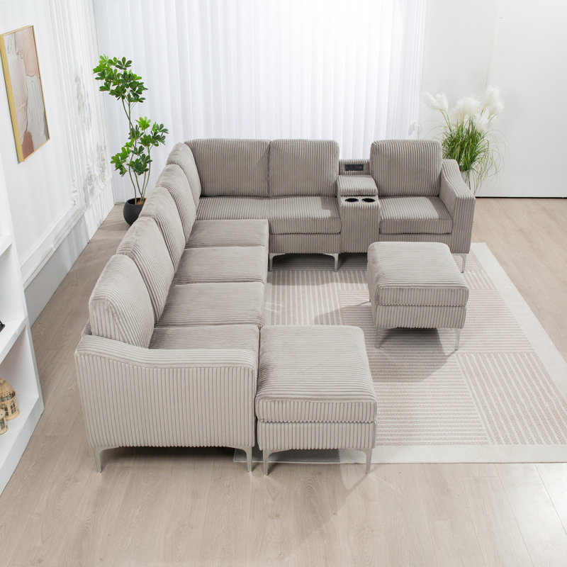 Canapé modulaire convertible en velours côtelé avec repose-pieds, porte-gobelets et ports USB pour les espaces de vie modernes