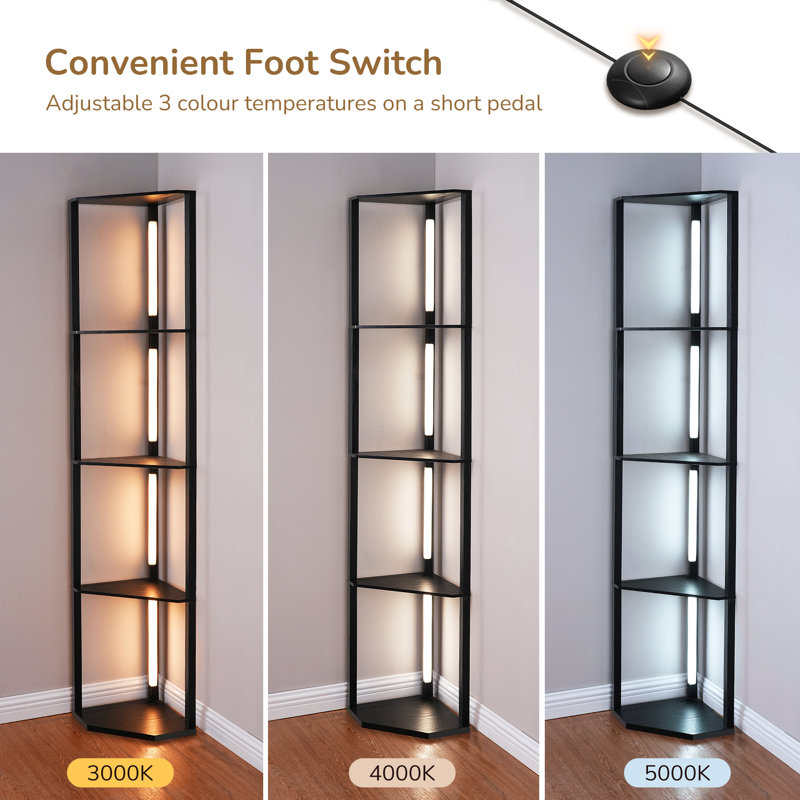 Carrye 64'' LED Dimmable Cornor Floor Lamp with Shelves, Black