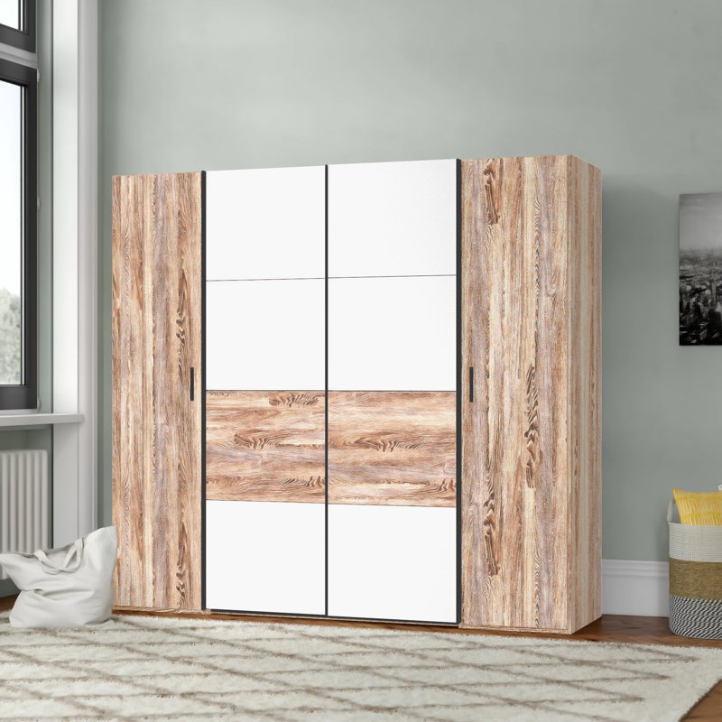 Aguayo 4 Door Manufactured Wood Wardrobe, 208cm H x 225cm W x 65cm D, White and light brown