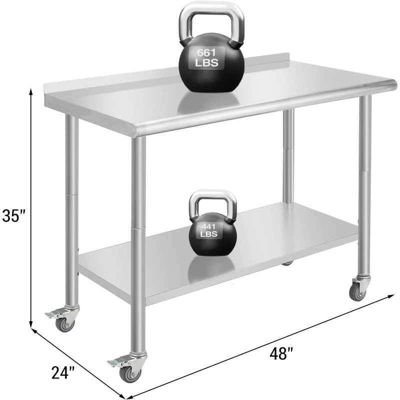 Table NSF en acier inoxydable pour la préparation et le travail, 48 po x 24 po avec tablette réglable, table robuste pour restaurant, maison et hôtel