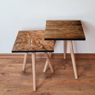 Modern Scandinavian Nesting Table Set (2 Pieces), Brown | 100% MDF with Beech Wood Legs | Larger Table: 13.8 x 18.5 x 13.8 inches, Smaller Table: 13.8 x 16.5 x 13.8 inches | Stylish & Functional for Home or Office Décor