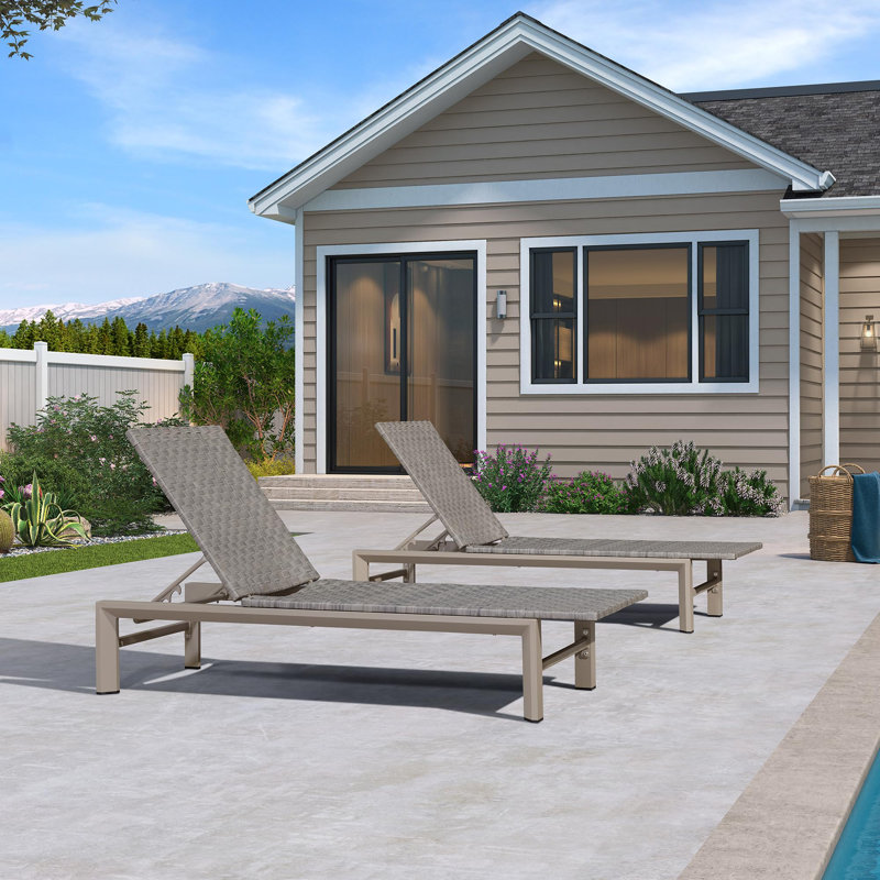 Chaise longue d'extérieur moderne pour patio 1 pièce avec dossier réglable, Gris / beige
