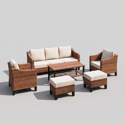 6-Piece Outdoor Wicker Conversation Set with Sofa Armchairs Ottomans and Coffee Table