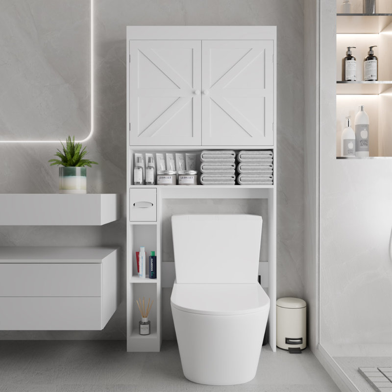 Over the Toilet Storage Cabinet with 2 Barn Door & Toilet Paper Holder Stand, Shelf Adjustable, White