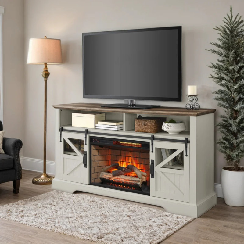 60 Inch Electric Fireplace Entertainment Center - With Door Sensor Jasmine White Color