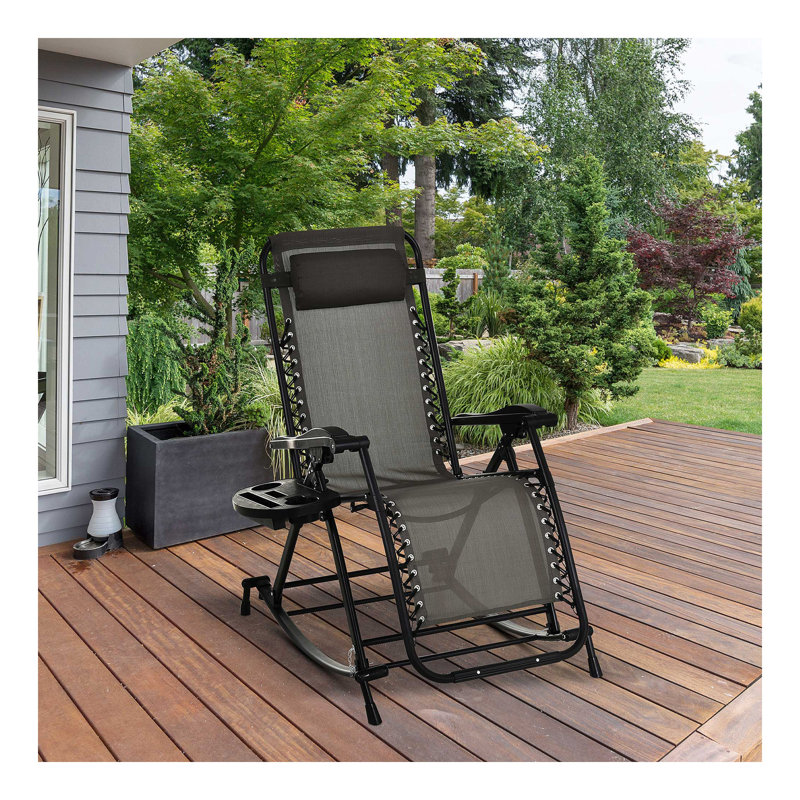 Outdoor Rocking Chairs, Foldable Reclining Zero Gravity Lounge Rocker W/ Pillow, Cup & Phone Holder, Combo Design W/ Folding Legs