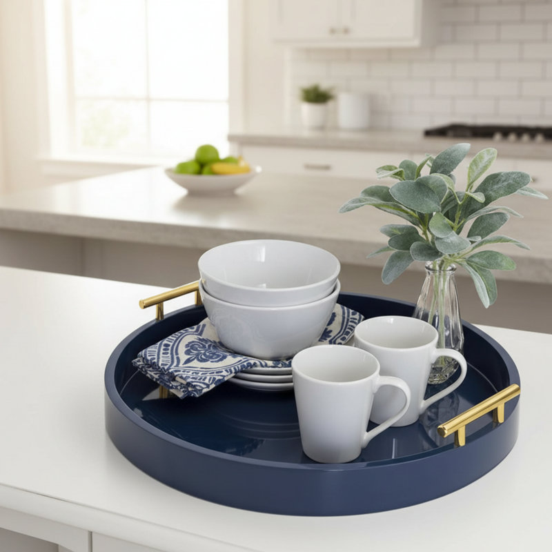Plateau rond bleu marine et doré, plateau décoratif moderne, convenant à la fois au rangement et à la présentation.