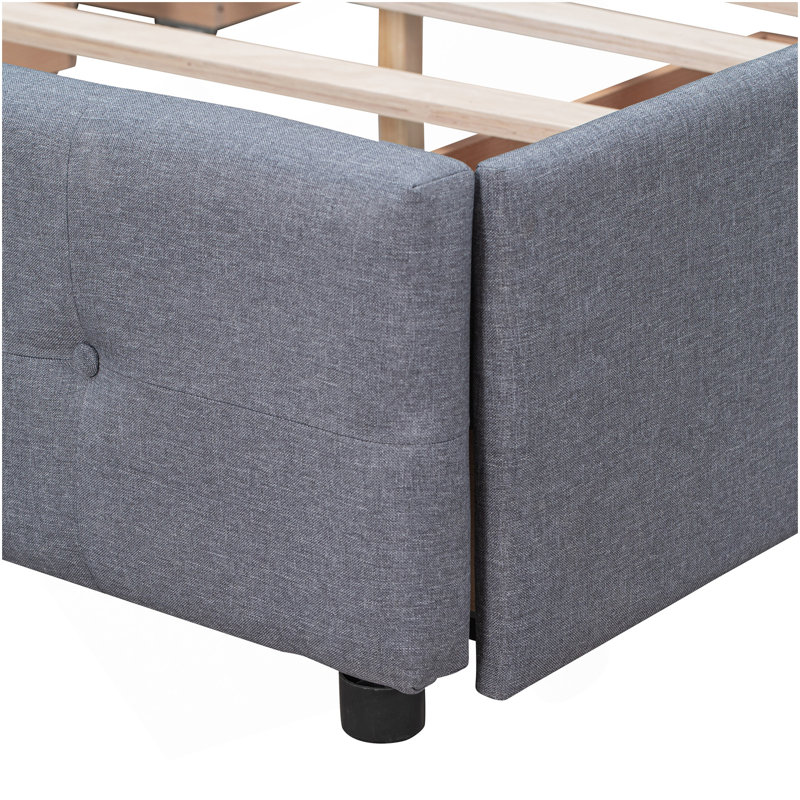 Lit plateforme tapissier avec tête de lit classique et 4 tiroirs, sans sommier tapissier, tissu en lin, grand lit gris foncé