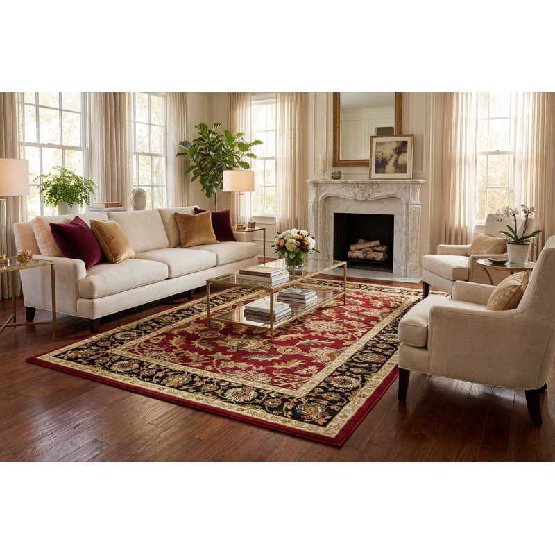 Tapis noir / rouge Mishawaka, Rectangle 7 pi 10 po x 10 pi 10 po