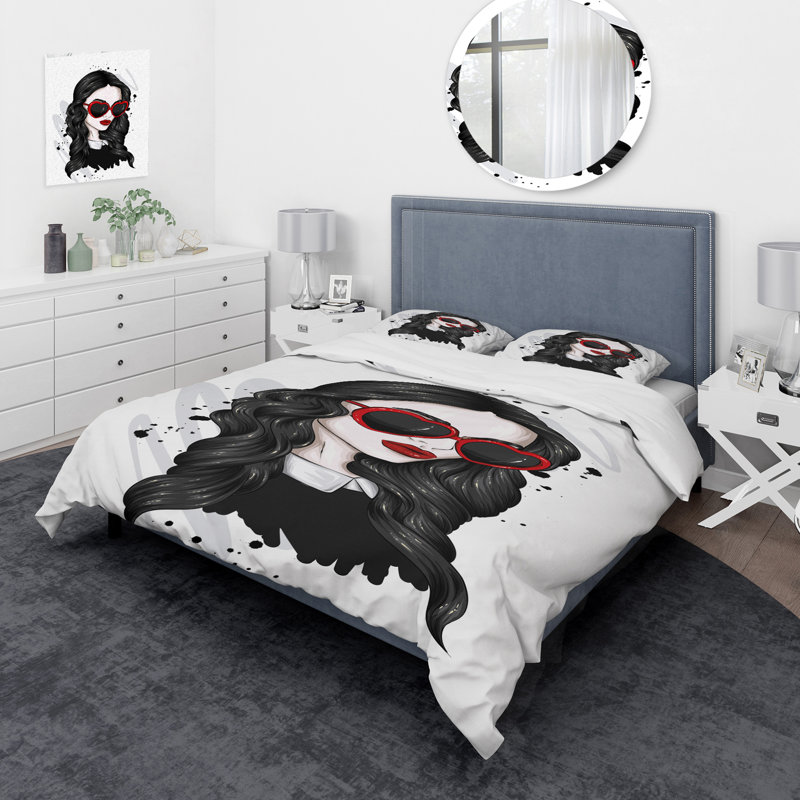 Ensemble de housse de couette en microfibre noir mat / rouge / blanc, Housse de couette simple + 1 taie décorative stan