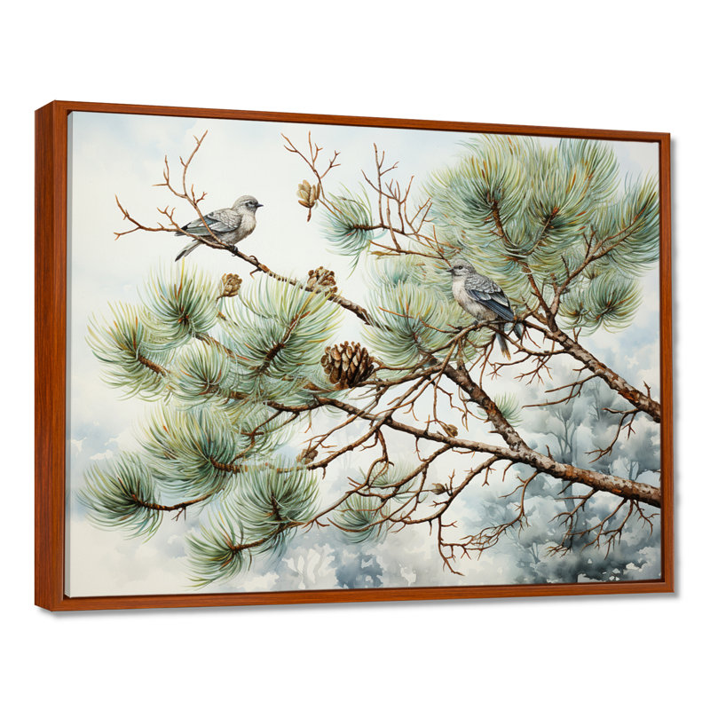 Oiseau sur pin I - Art mural pin, H 34 po x l 44 po x P 1,5 po, Cadre flottant brun