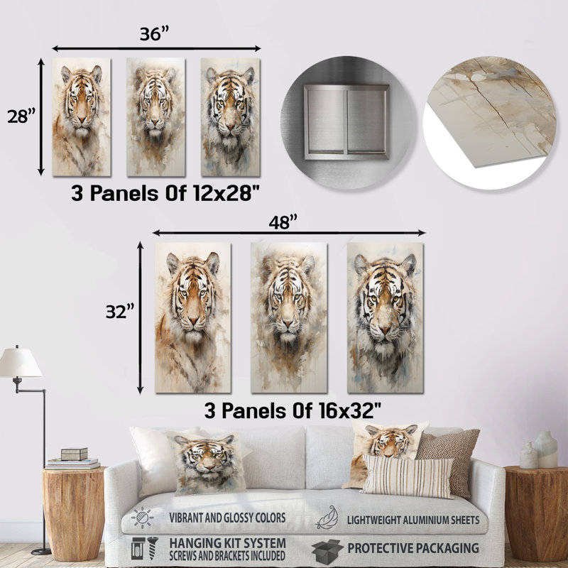 Minimalism Beige Tiger - Tiger Metal Art Print Set Of 3, 28" H x 36" W