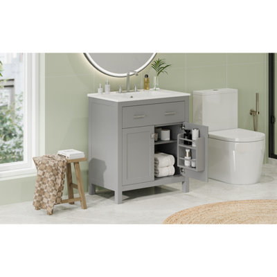 Meuble-lavabo avec lavabo en céramique, armoire de salle de bain simple moderne avec 2 portes et une tablette, portes