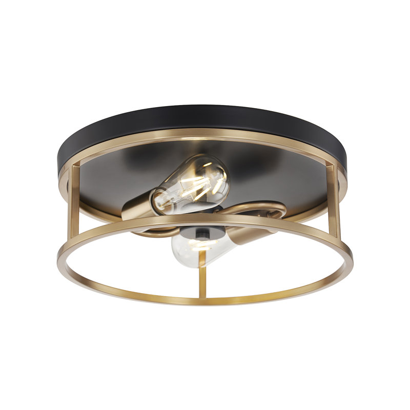 Bellandra - Round Flush-Mount - 2-Light - Matte Black w/ Brass Frame Metal Finish, 5" H x 13" W x 13" D