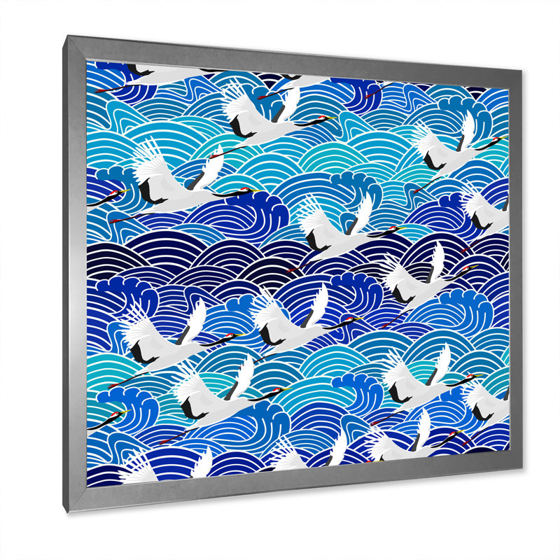 Grue japonaise sur vagues bleues - Impression sur toile, H 37,5 po x l 37,5 po x P 1,5 po, Cadre argenté