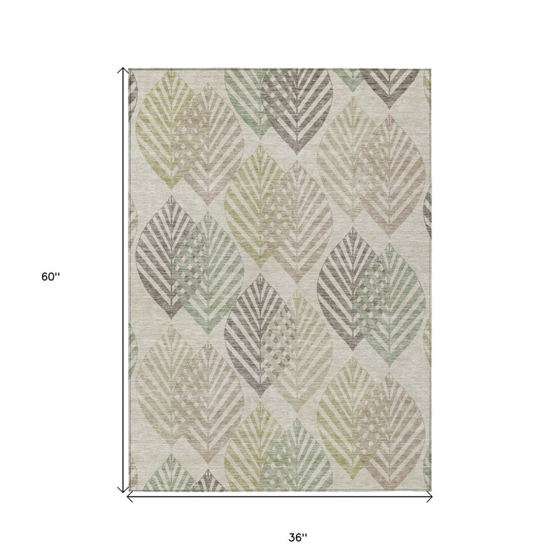 3' X 5' Beige Taupe And Artichoke Green Floral Washable Indoor Outdoor Area Rug