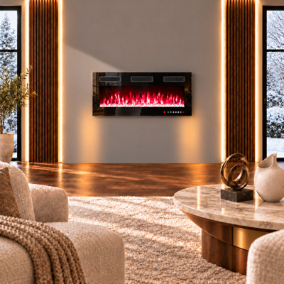 Thin Electric Fireplace, Wall Mounted & In-Wall Recessed Heater with Remote Control, 5100 BTU, 12-Color Flame & Crystal Bed Modes, Timer, Sleep Mode