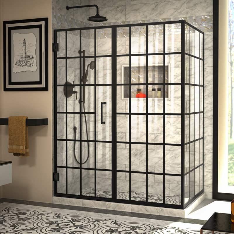 Toulon Satin Black Frameless Hinged Shower Enclosure with Clear Glass