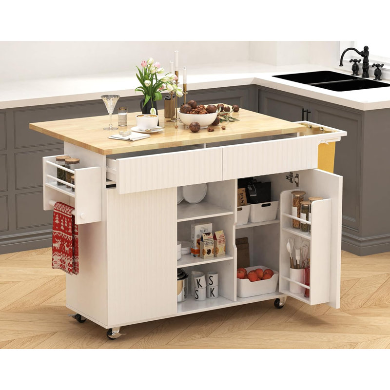 Kitchen Island With Storage, Rolling Kitchen Island On Wheel With Drop Leaf, Foldable Trash Bag, White