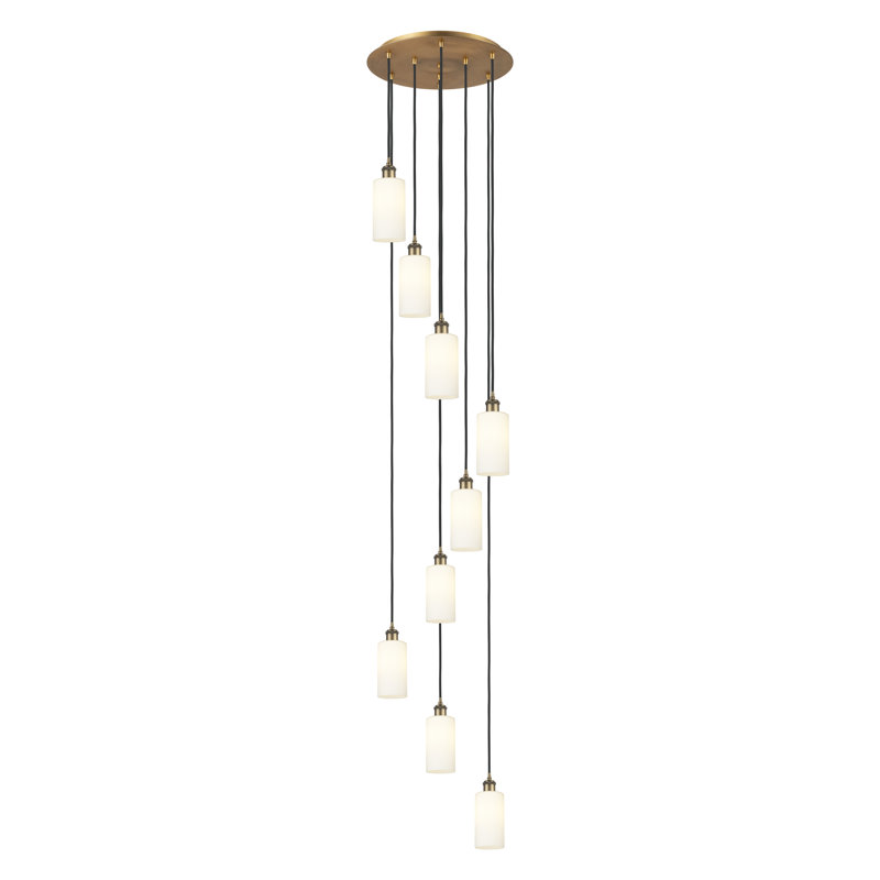 Caius - Luminaire suspendu suspendu à 9 lumières de 19 po - Finition nickel satiné - Abat-jour fumé clair, Laiton brossé