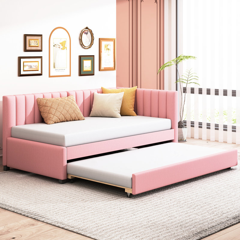 Lit de jour rembourré avec couchette, tissu en lin rose, taille simple, sans sommier tapissier en lin rose, Rose