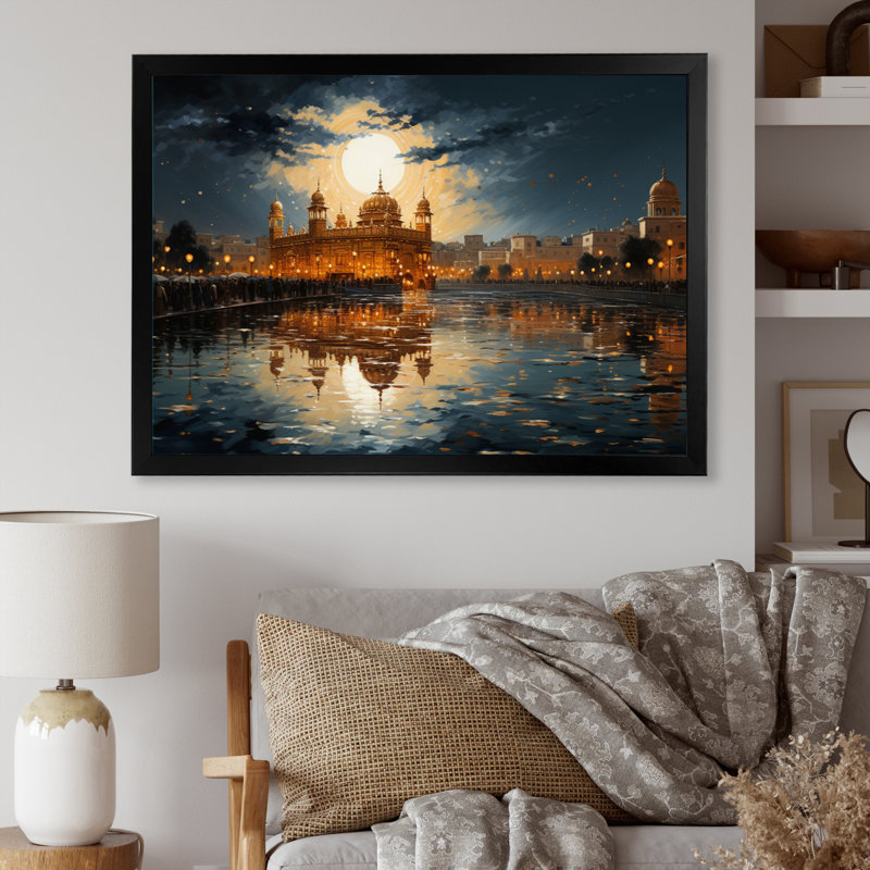 Hinduisim Golden Temple I - Hindouisme, art mural, H 24 po x l 32 po x P 1 po, Cadre simple noir