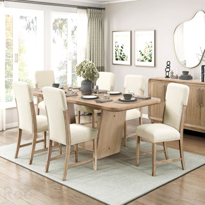 Beautiful Natural Finish Dining Set 7pc Extendable Table Upholstered Chairs Beige Modern Farmhouse Dining Room Furniture