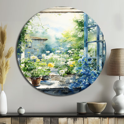 Green And Blue Countryside Window Charm II - Farm Round Metal Art