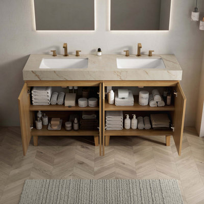 Meuble-lavabo de salle de bain de 60 pouces avec comptoir en pierre frittée et lavabos en céramique