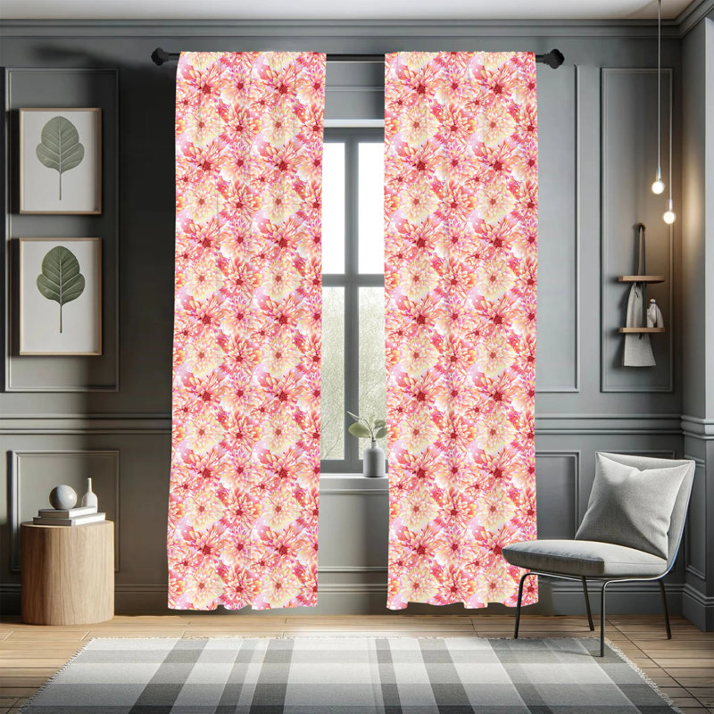 Floral Pink and Yellow Polyester Rod Pocket Curtain Panels, 28" x 84"