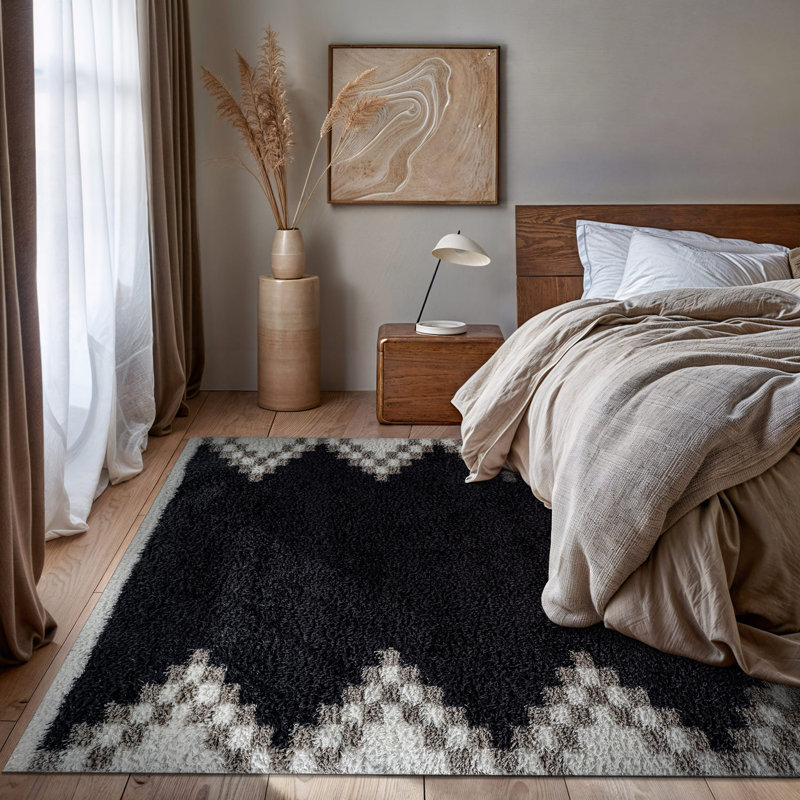 Tapis à poils longs à motif géométrique gris anthracite - velours moyen, élégant et doux, Rectangle 7 pi 10 po x 10 pi