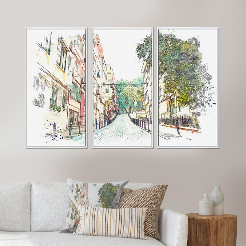 Traditional Street In Istanbul - Ensemble d'art mural sur toile encadré traditionnel de 3, H 32 po x l 48 po, Blanc