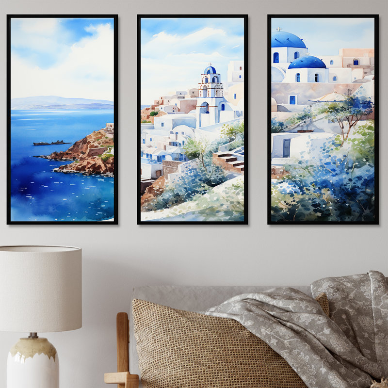 «Blue and White Greek Isles Village I», art mural Grèce, H 28 po x l 36 po x P 1 po, Cadre flottant noir