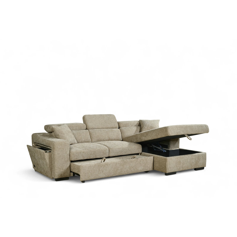 4 Seater Sofa Bed, Right Hand Facing, Beige Polyester