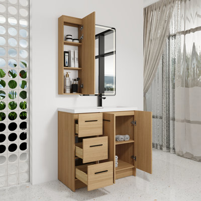 Ensemble de meuble-lavabo sur pied 36 po en chêne clair avec armoire à linge haute, 3 tiroirs, rangement à double porte et lavabo en résine simple