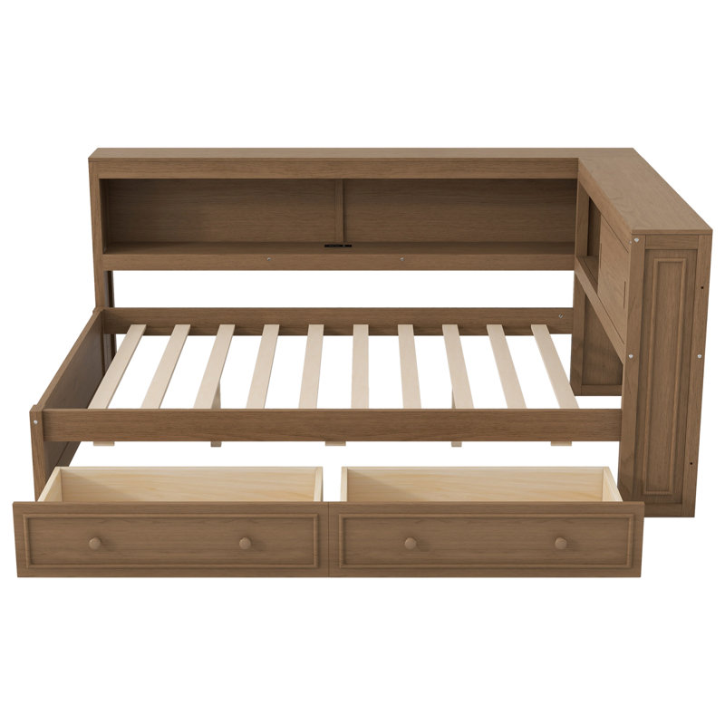 Full Size Wood Daybed With Storage Shelves, USB, LED, And 2 Drawers, Antique Wood Color, Wood