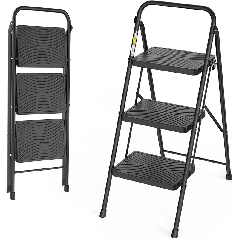 Échelle à 3 marches, tabouret pliant pour adultes avec large pédale antidérapante, tabouret portatif robuste à 3 marches, léger, noir