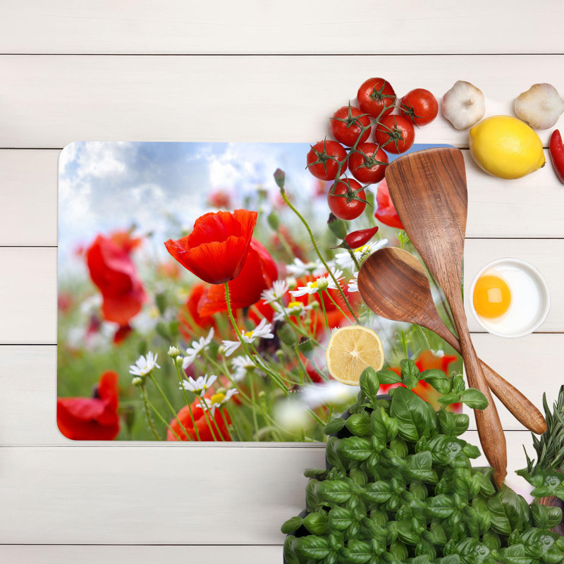 Planche à découper en verre rouge à motif de coquelicots et de marguerites, parfaite pour le service et la cuisine