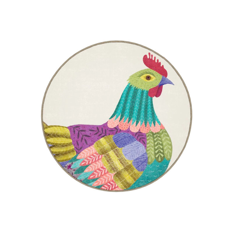 Multicolored Patterned Chicken Detailed Woven Base Modern Decorative Carpet, Round 5'
