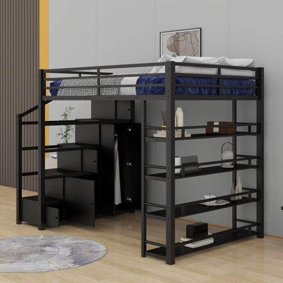 Lit mezzanine double en métal avec tablettes de rangement, garde-robe et armoires