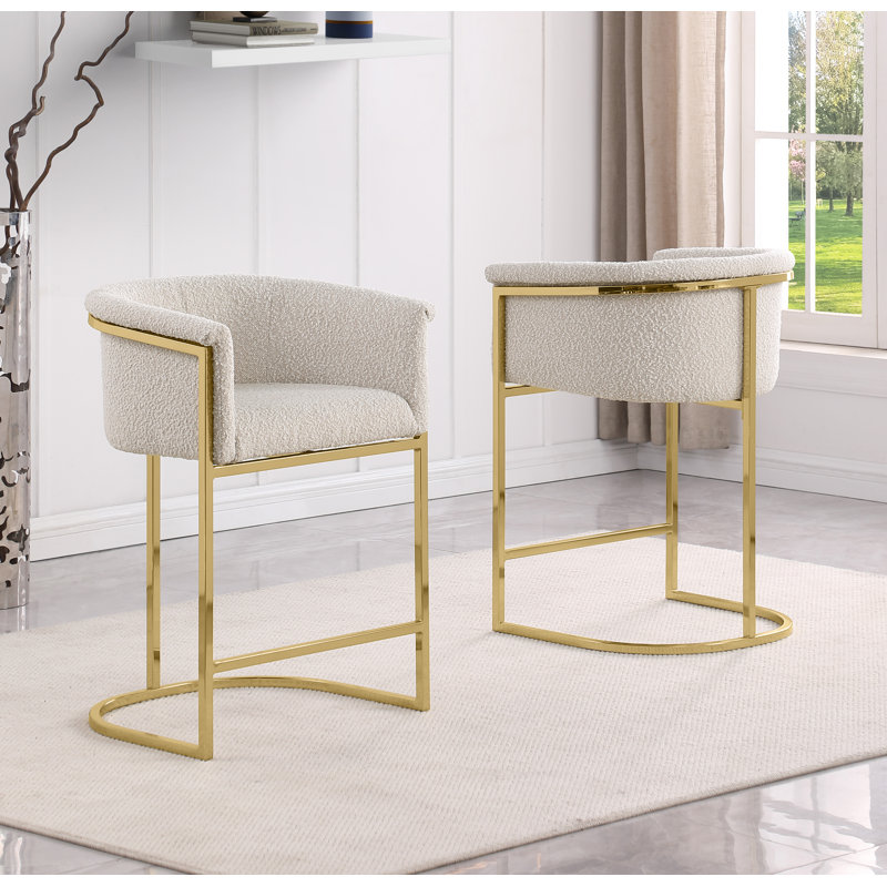 Tabouret de bar et chaises à hauteur comptoir avec revêtement en tissu Boucle et base chromée, Argent, Cream