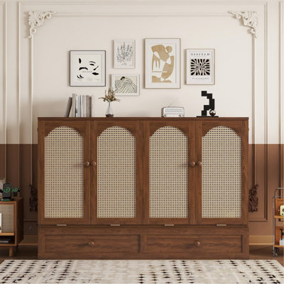 Grand lit escamotable, armoire-lit en bois de pin avec centrale électrique et panneau de décoration en rotin, noyer
