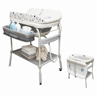 Baignoire pour bébé 2 en 1 avec table à langer, station de changement de couches imperméable et portable, organisateur de chambre de bébé à hauteur ajustable avec support de rangement pour tout-petit nouveau-né