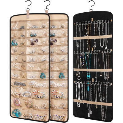 Ensemble de 2 boîtes de rangement pour bijoux suspendues avec 39 pochettes, 30 crochets à collier, fixation murale double face
