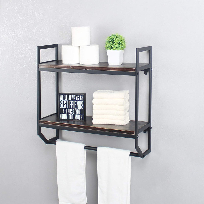 2-Tier Metal Wall Mounted Bathroom Shelf With Towel Bar - Industrial Rustic Floating Storage Rack For Bathroom, Kitchen, Living Room